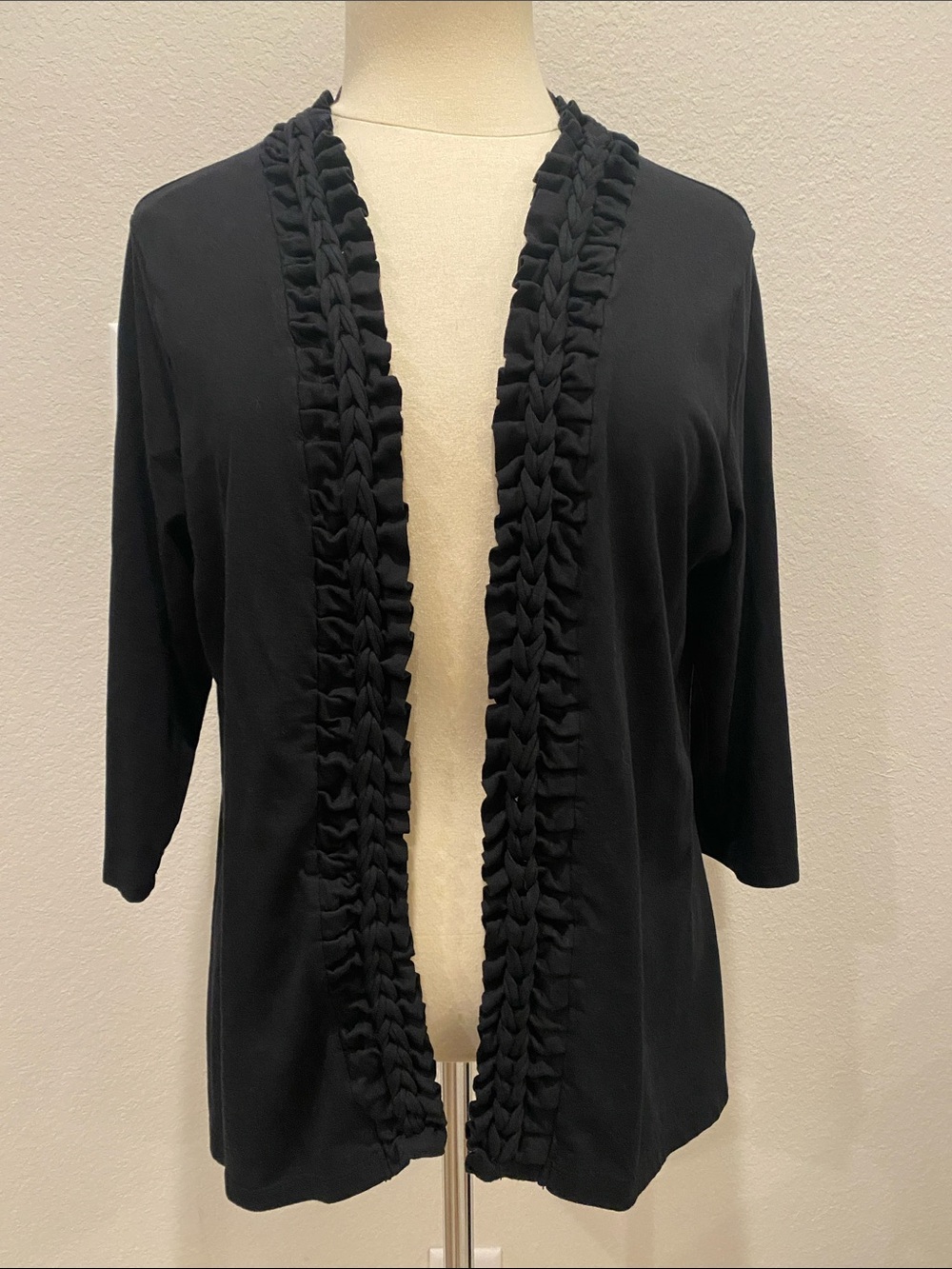 Coldwater Creek Black Ruffle-Trim Open Cardigan Large